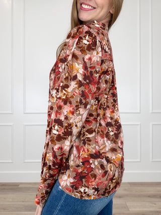 Floral print long-sleeve tunic top, relaxed fit, rayon blend, latte brown base