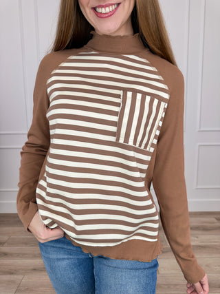 Brown ribbed long sleeve mock neck top with horizontal stripe panel and chest pocket