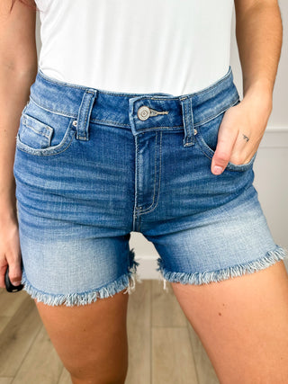 Zenana It Just Happens High-Rise Denim Shorts - Medium Wash (Fray Hem, Non-Distressed)