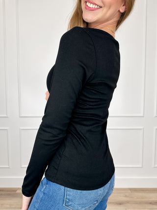 Black rayon-blend long sleeve top with scoop neckline and fitted waist