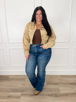 Sand cropped cotton jacket with long sleeves, button front, and chest pockets