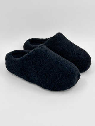 Black sherpa slip-on shoes with cushioned open-top cuff