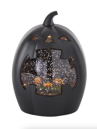 Black pumpkin LED water lantern with glowing jack-o-lantern window
