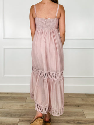 Steady as We Go pink Avery Mae dress, strappy back with smocked bodice and lace tiers