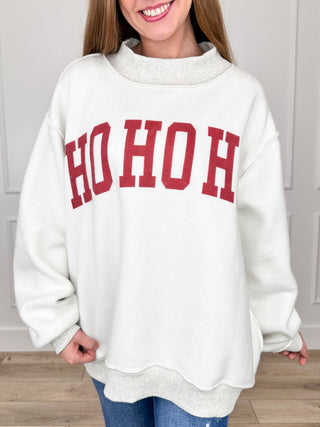 Light heather grey mock-neck cotton-blend sweatshirt with red 'HO HO HO' graphic front