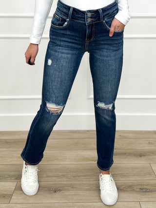 Risen Remi High-Rise Straight Leg Jeans - Dark Wash (Double Button, Distressed)