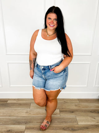 Risen Suri High-Rise Denim Shorts - Light Wash (Fray Hem, Distressed)