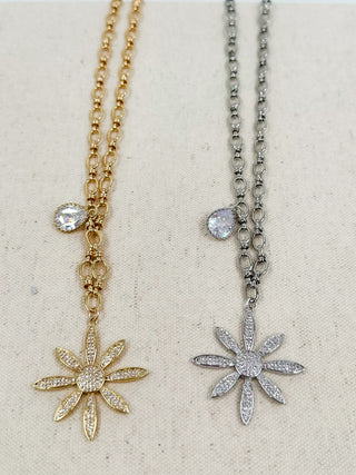 Gold and silver daisy pendant necklaces with round stone charms and flower pendants