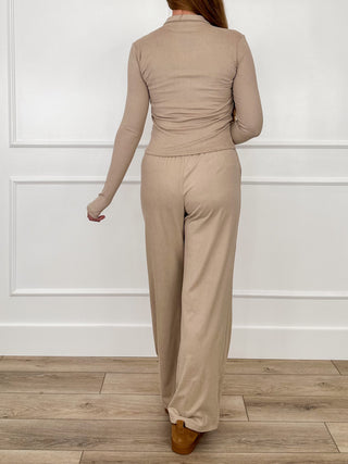 Oat high-rise lounge set, back view: zip hoodie with gathered waist and jogger pants