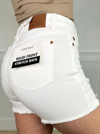 Judy Blue Amber High-Rise Denim Shorts – White (Rigid Magic, Distressed)