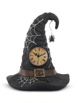 Black resin witch hat clock with spiderweb pattern, spider emblem, and round dial