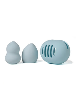 Blue makeup blending sponge set with two teardrop sponges and grooved round tool