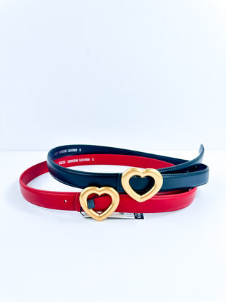 Pair of leather heart buckle belts in red and dark blue
