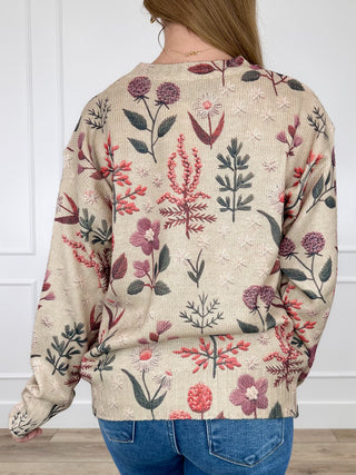 Back view of oat knit long-sleeve sweater top with multicolor floral botanical print