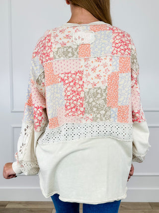 Cotton long-sleeve top, coral and off-white patchwork floral back with buttoned neckline