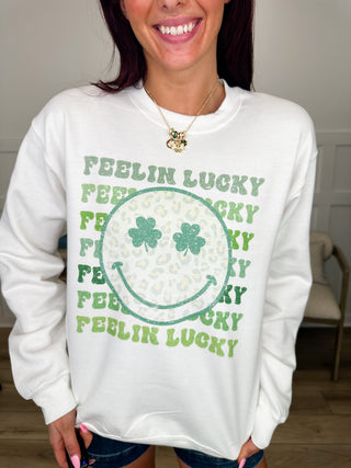 Feelin' Lucky Cotton Blend Long Sleeve White Avery Mae Graphic Crewneck Sweatshirt