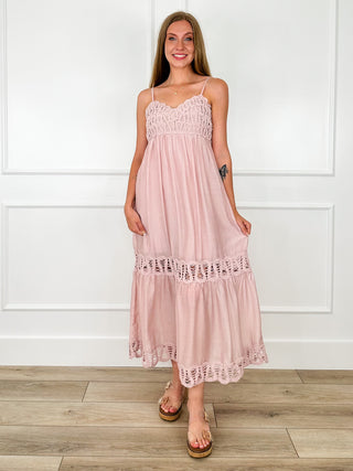 Pink sleeveless maxi dress with smocked bodice and scalloped lace hem