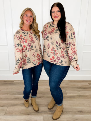 Oat knit long-sleeve floral print sweater with crew neckline, full-body front view