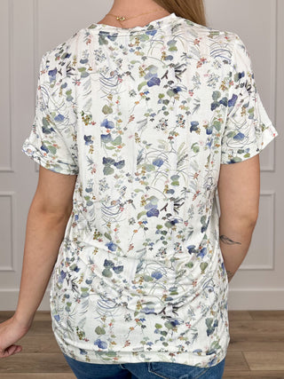 Floral print short-sleeve top, white with gathered back hem