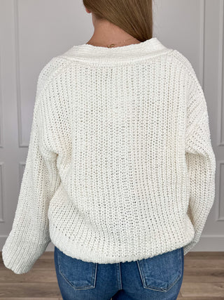 Ivory knit cardigan with long sleeves and textured stitch, back view