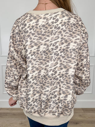 Leopard print cotton long-sleeve sweatshirt, back view with crewneck ribbing
