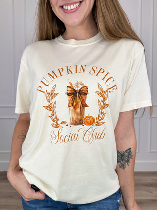 Cream cotton short-sleeve tee with Pumpkin Spice Social Club graphic and pumpkin illustration