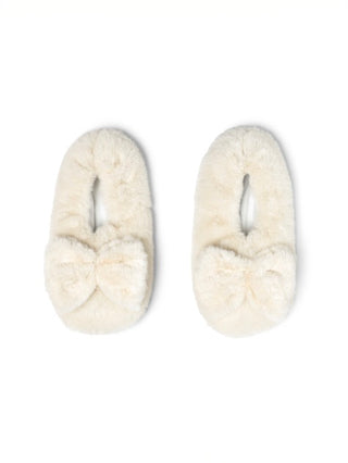 Ivory plush heated slippers with bow detail, pair