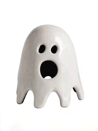Ceramic ghost decor figurine with black eyes and large open mouth, white crackle finish
