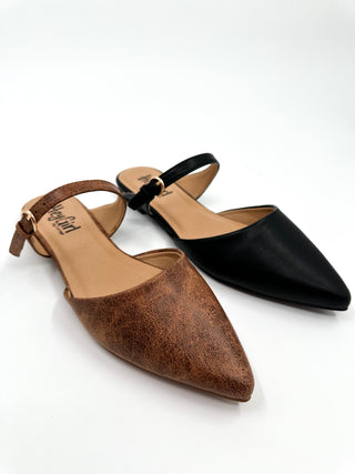 Pointed toe faux leather mules in black and brown, slingback strap with buckle