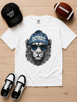 White short-sleeve graphic cotton tee with Detroit tiger wearing sunglasses