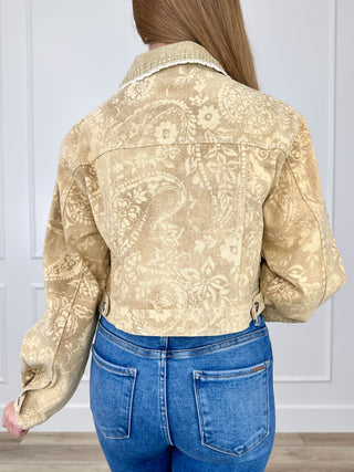 Sand patterned cropped jacket with button-back detail and stand collar, back view