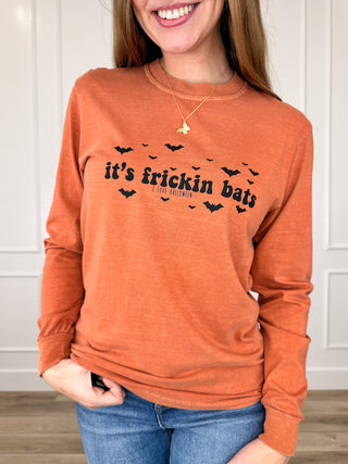 It's Frickin' Bats Cotton Long Sleeve Orange Avery Mae Graphic Tee Shirt (Comfort Colors)