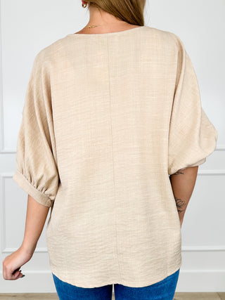 Sand knit short-sleeve top, back view with crew neckline
