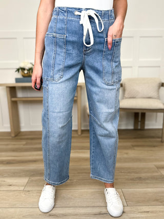 Risen Jessie High-Rise Barrel Leg Light Wash Cropped Blue Jeans
