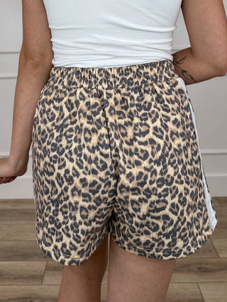 High-rise leopard print shorts with elastic waistband, tan and black