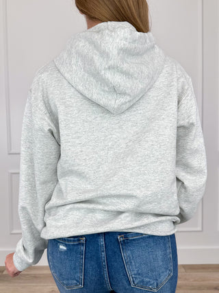 Grey long-sleeve hoodie with drawstring hood and kangaroo pocket, back view