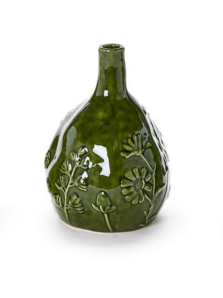 Green ceramic teardrop vase with raised floral and leaf relief, narrow top neck opening