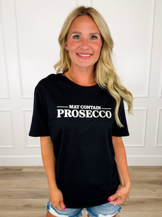 May Contain Prosecco Cotton Short Sleeve Black Avery Mae Graphic Tee Shirt (Gildan)