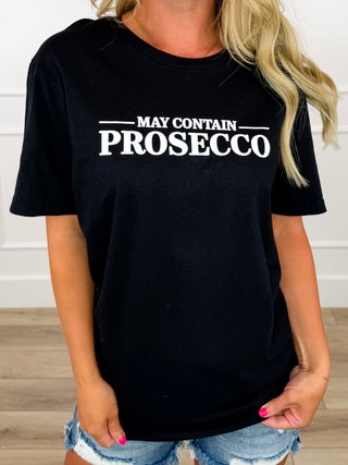 May Contain Prosecco Cotton Short Sleeve Black Avery Mae Graphic Tee Shirt (Gildan)