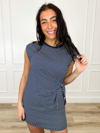 Striped cotton dress with tie waist, navy base and white stripes