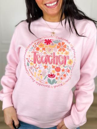 Teacher Qualities Cotton Blend Long Sleeve Pink Avery Mae Graphic Crewneck Sweatshirt (Gildan)
