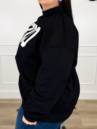 Michelle Mae My Boo Cotton Blend Long Sleeve Black Mock Neck Reversible Graphic Sweatshirt