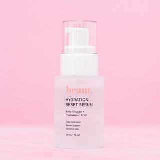 Hydration reset serum bottle with pump, beaut. label and ingredient text