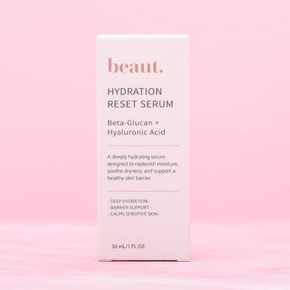 Hydration reset serum carton with beaut. logo and Beta-Glucan + Hyaluronic Acid