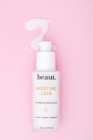 beaut. Moisture Lock reparative moisturizer bottle with pump, front view