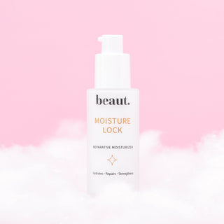 beaut. Moisture Lock reparative moisturizer bottle with pump, front label