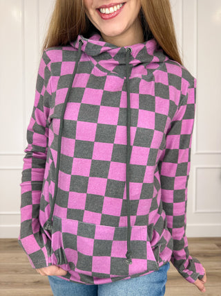 Purple checkered cotton hoodie with front pocket and drawstring, long sleeves