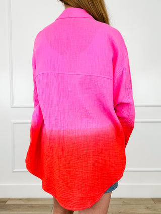 Two-tone long sleeve cotton button-up top, pink and red, collared, button front.