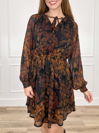 Avery Mae dress with keyhole neck and ruffled yoke, dark floral print