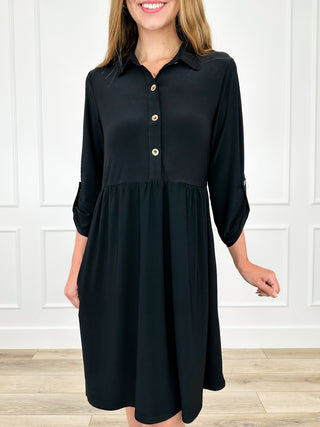 Dear Scarlett winkle-free dress, black button-front collar with gathered waist